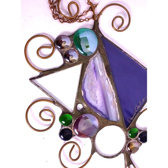 Caruso & Foschi Designs Signed Stained Glass, Natural Stone, Copper Suncatcher - Picture 11 of 16